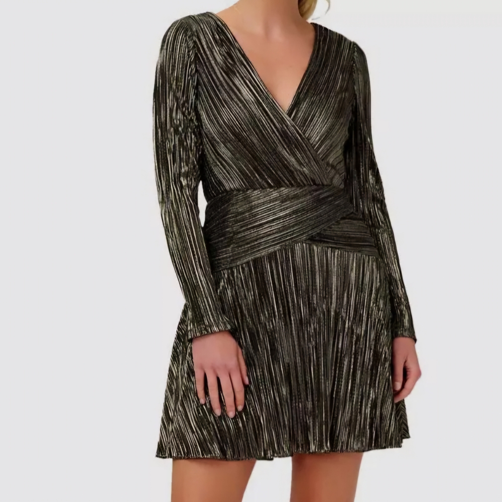 Aidan Mattox Gold Black Pleated Wrap Dress Long Sleeve